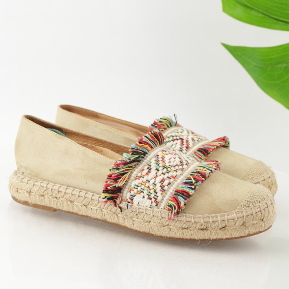 Conchisa Womens Espadrille Shoe Slip On Size 38 7 Tan Suede Blanket Woven Fringe